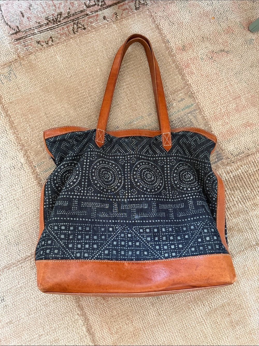 Madewell Indigo Batik Woven Canvas Tote with Leather Trim